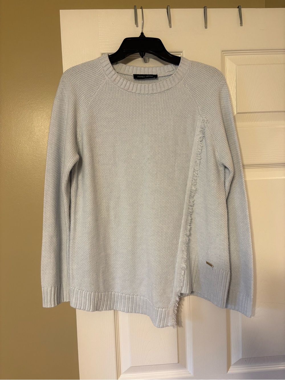 Ivanka Trump Light Blue Crewneck Sweater with Asymmetric Fringe